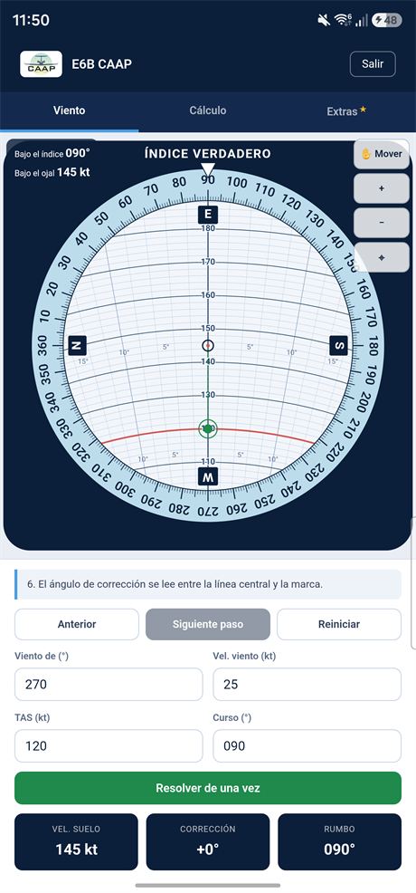 Cara de viento del E6B CAAP resolviendo un triángulo de viento